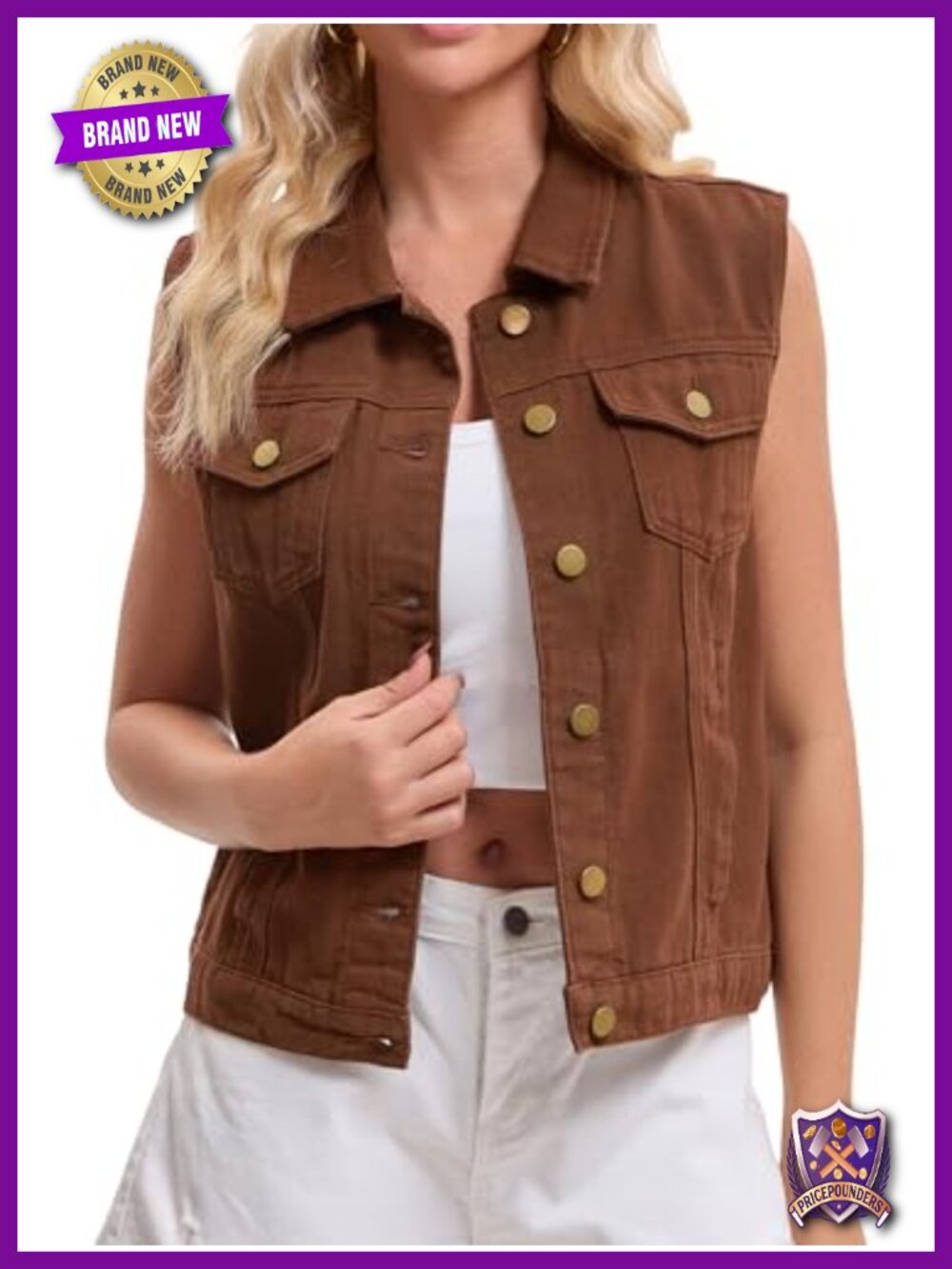 Women's Denim Vest Button Down Jacket Chest Flap Pockets Distressed Sleeveless